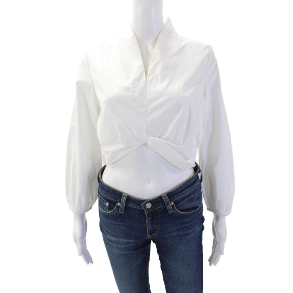 Designer Women Cropped White Cotton Mock Neck Long Sleeve Blouse Size S